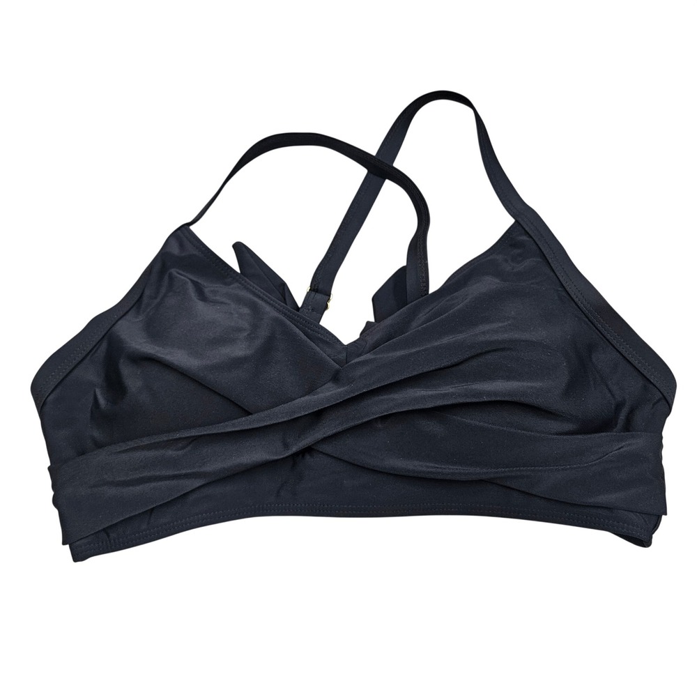 Bikini Top Women Large Black Crossover Wrap V-Neck Adjustable Tie Back Swimwear